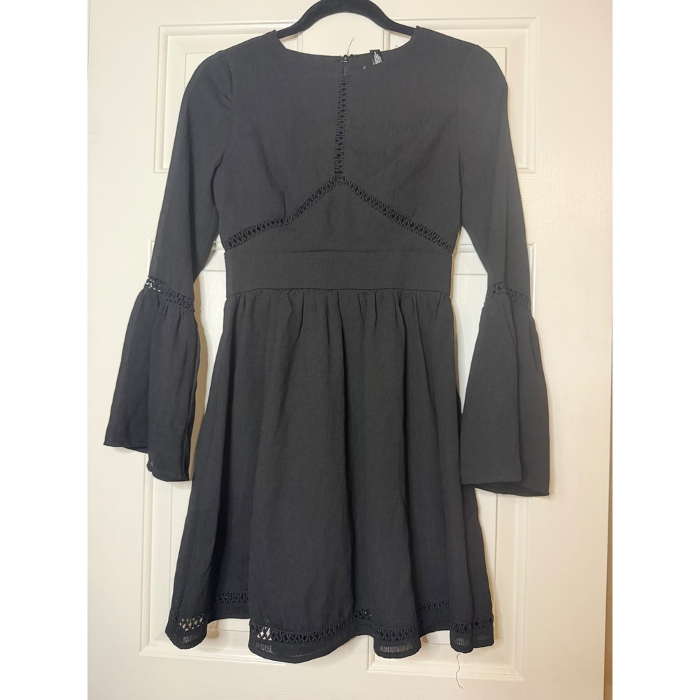 AQUA Black Crochet Trim Bell Sleeve Mini Dress XS Boho Fit and Flare
